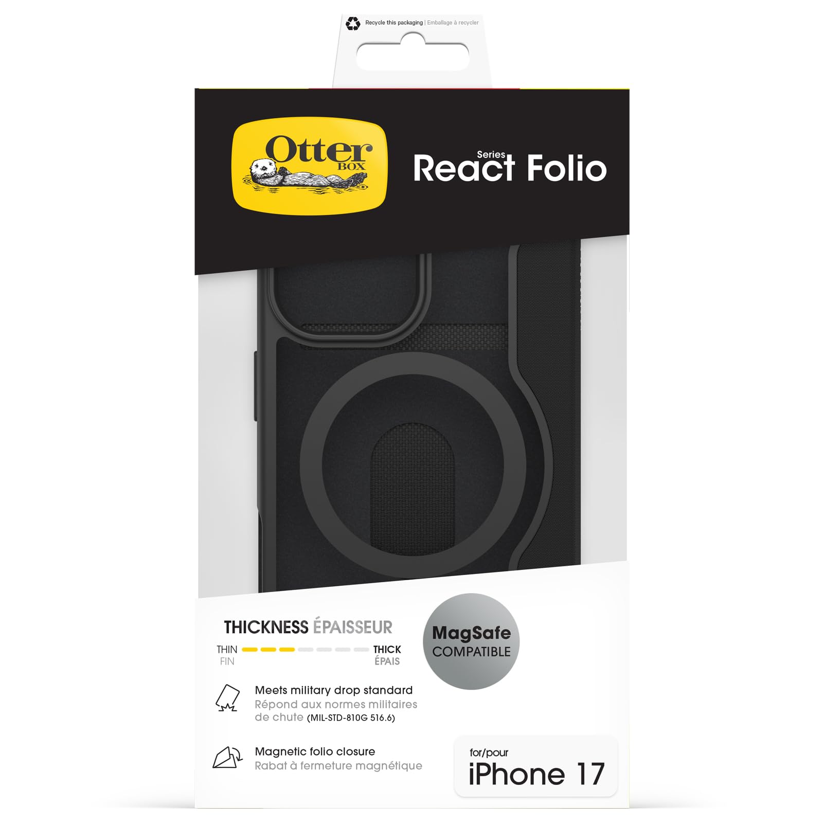 OtterBox React Series Folio MagSafe Etui do iPhone 17, Wstrząsoodporne, Miejsce na Karty, przetestowane zgodnie ze standardami wojskowymi, Przezroczyste/Czarne