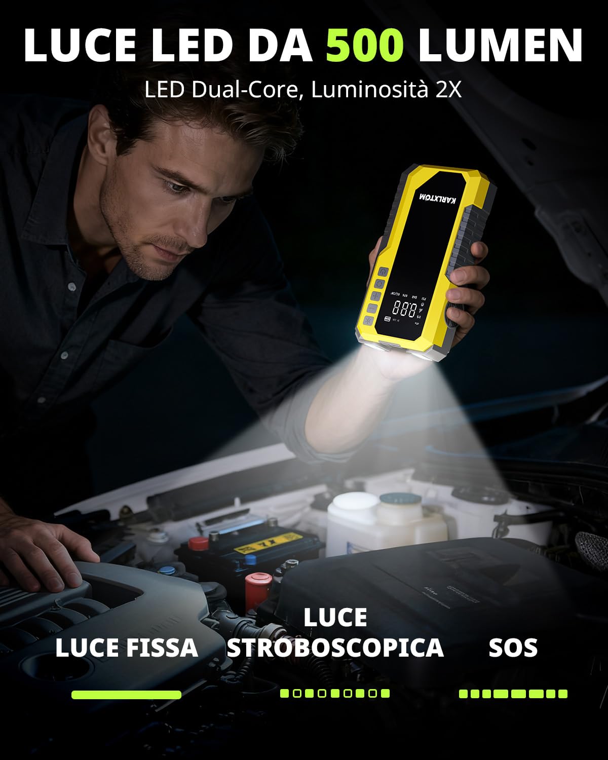 Karlxtom Booster Avviamento Auto con Compressore 190PSI, 12V Avviatore Batteria Auto (Tutto Gas/10L Diesel), Ingresso/Uscita Alimentazione di Avviamento e Luce LED da 500 LUM, Display LCD