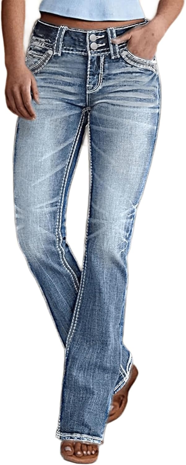 Women Mid Waisted Bootcut Jeans Zip Stretchy Slim Casual Double Button Flare Denim Pants with Distressed Pocket