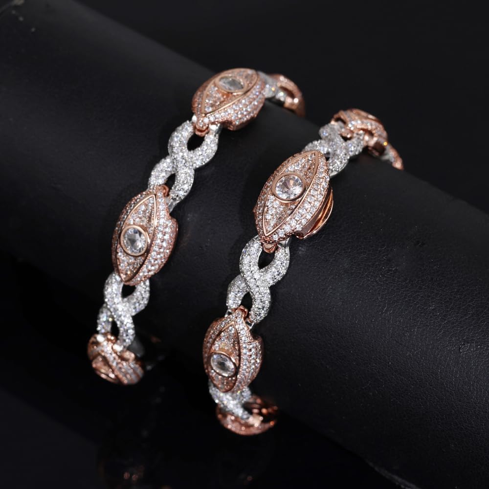 Silver Rose Gold Two Tone Color Micro Paved CZ Turkish Evil Eye Infintiy Cuban Chain Hip Hop Men Bracelet - Image 3
