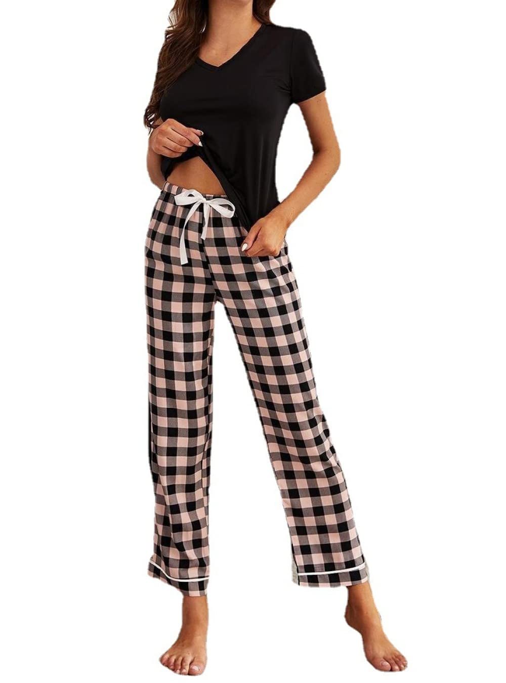 Pijama De Mujer Manga Corta,Tops Negros Y Pantalones A Cuadros Pijama De Manga Corta para Mujer Conjunto De 2 Piezas Pijama Suave Y Cómodo para Mujer Ropa De Descanso Regalo del Día De La Madre Pa