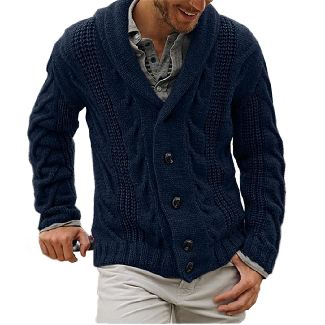 Wekumgy Men Winter Thick Cardigan Sweaters Fashion Shawl Collar Button Up Sweater Cable Knit Casual Open Front Knitwear Navy