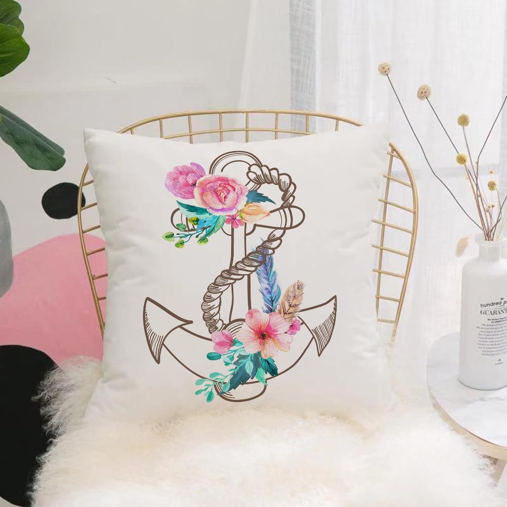 HYOSXW Cushion Cover,Throw Pillow Case Home Decorative for Living Room Bedroom Sofa Chair 16X16 Inch,Anchor, watercolor spring flowers and feathers on a doodle,Pillowcase 40X40cm