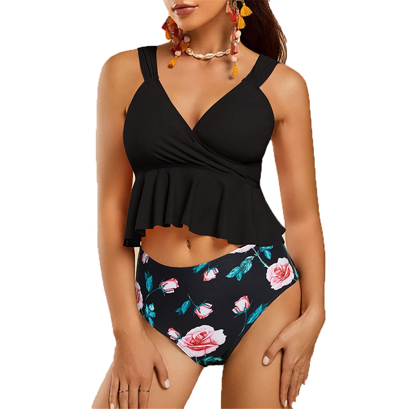 Donna Due Pezzi Elegante Bikini Swimwear, Womens High Waist Bikini Set Ruffle 2 pezzi Costume da bagno Costume da bagno imbottito Costumi da bagno wirefree Top + Costume da bagno in basso Vestito da b