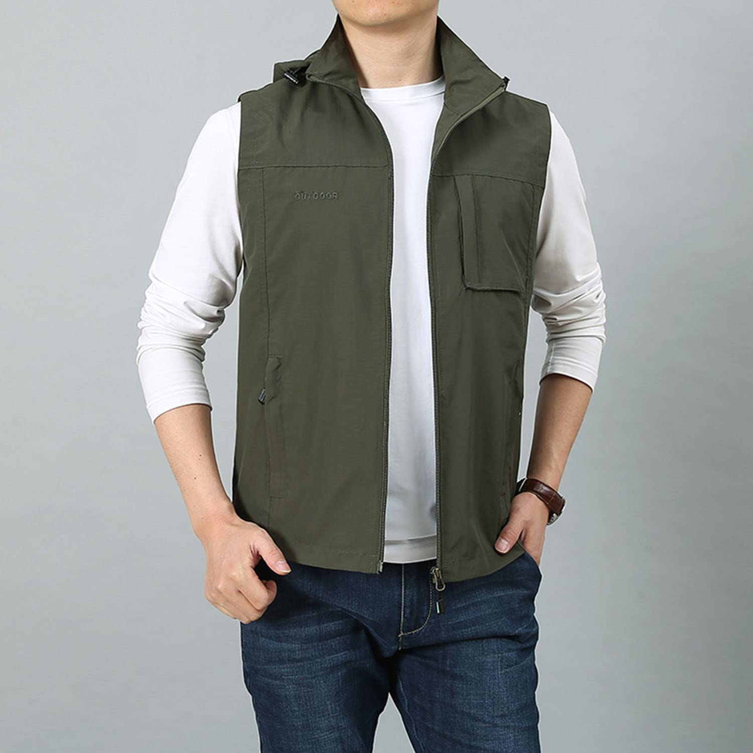 Chaleco Multibolsillos para Hombre Chaleco Pesca Casual Al Aire Libre Chaleco Sin Mangas Práctica Fotografía Chaqueta con Capucha A Prueba De Viento