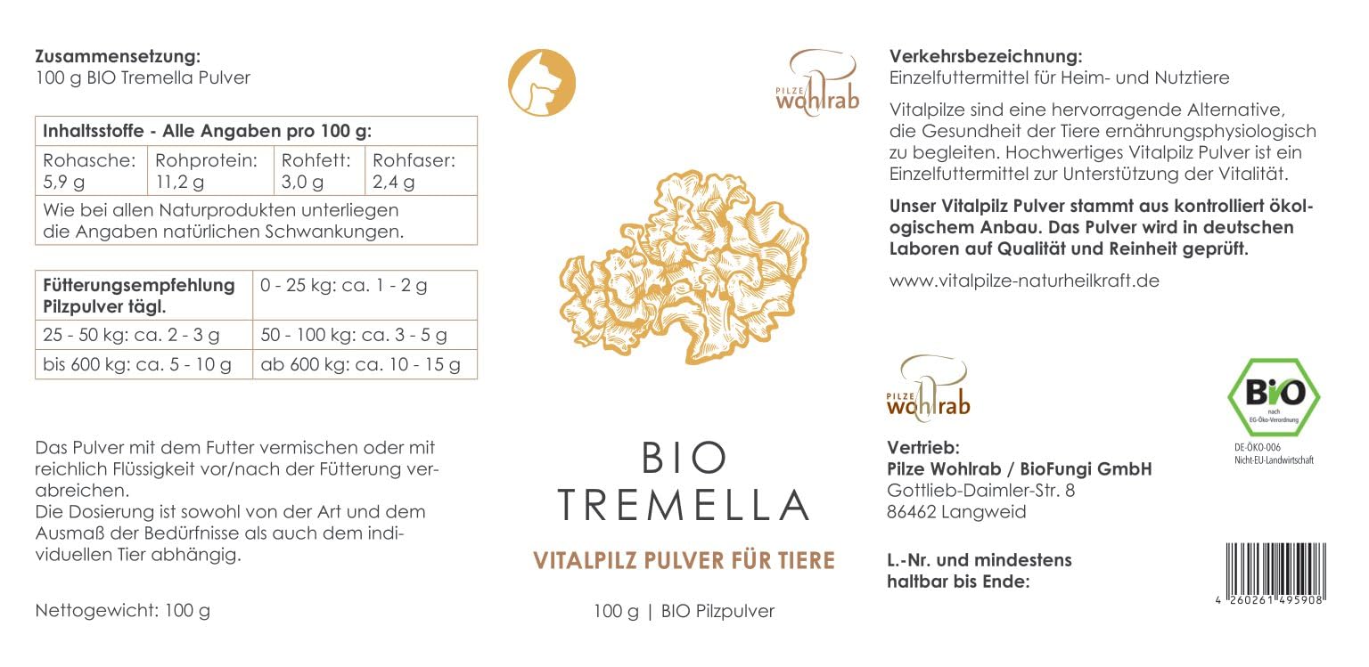 Bio Tremella proszek dla zwierząt, 100 g czystego proszku witalnego w proszku, najwyższa jakość biologiczna, proszek witalny - dozowanie dla zwierząt - 1 puszka - suplement diety