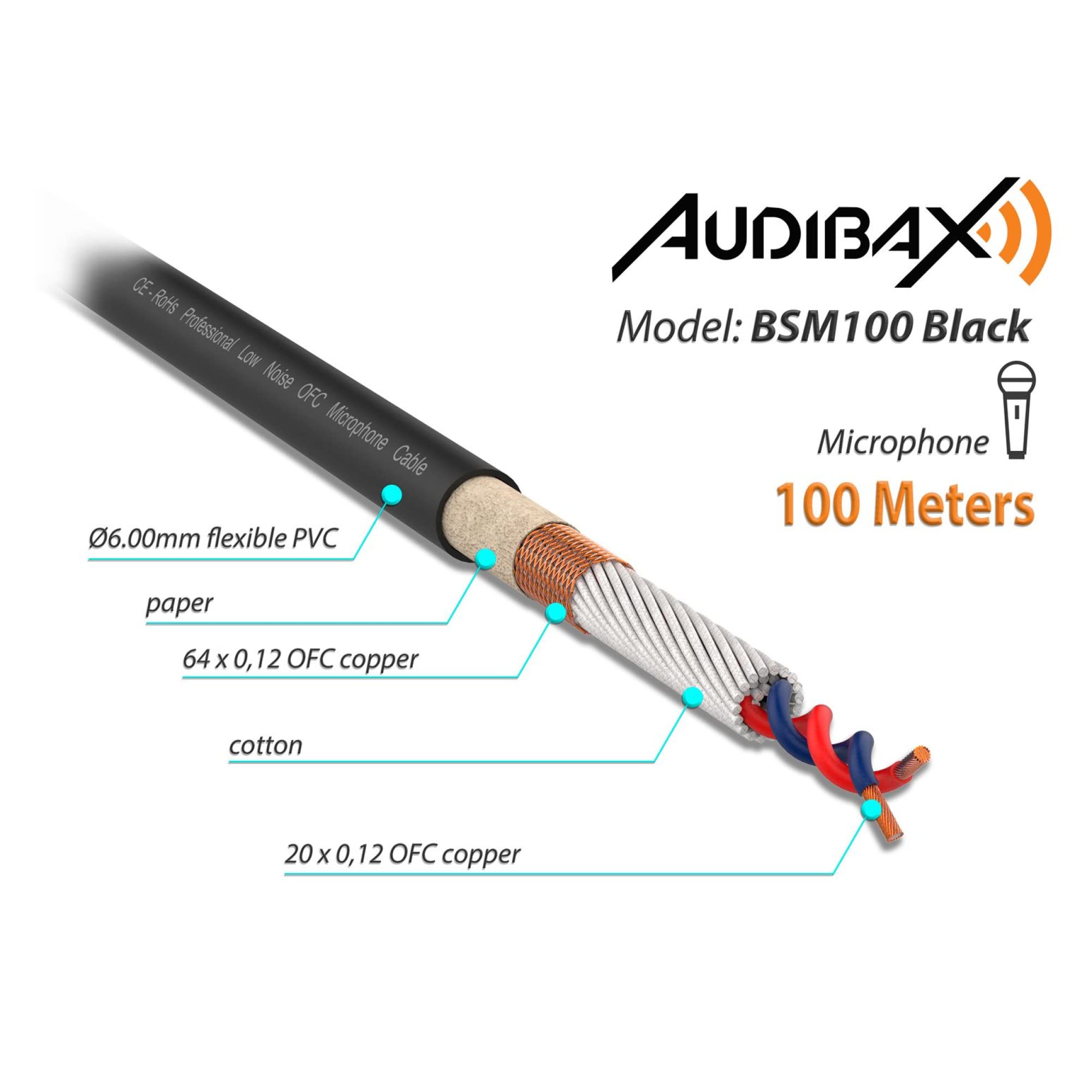 Audibax Silver BSM100 Black Bobina Cable Microfono Balanceado 100 Metros