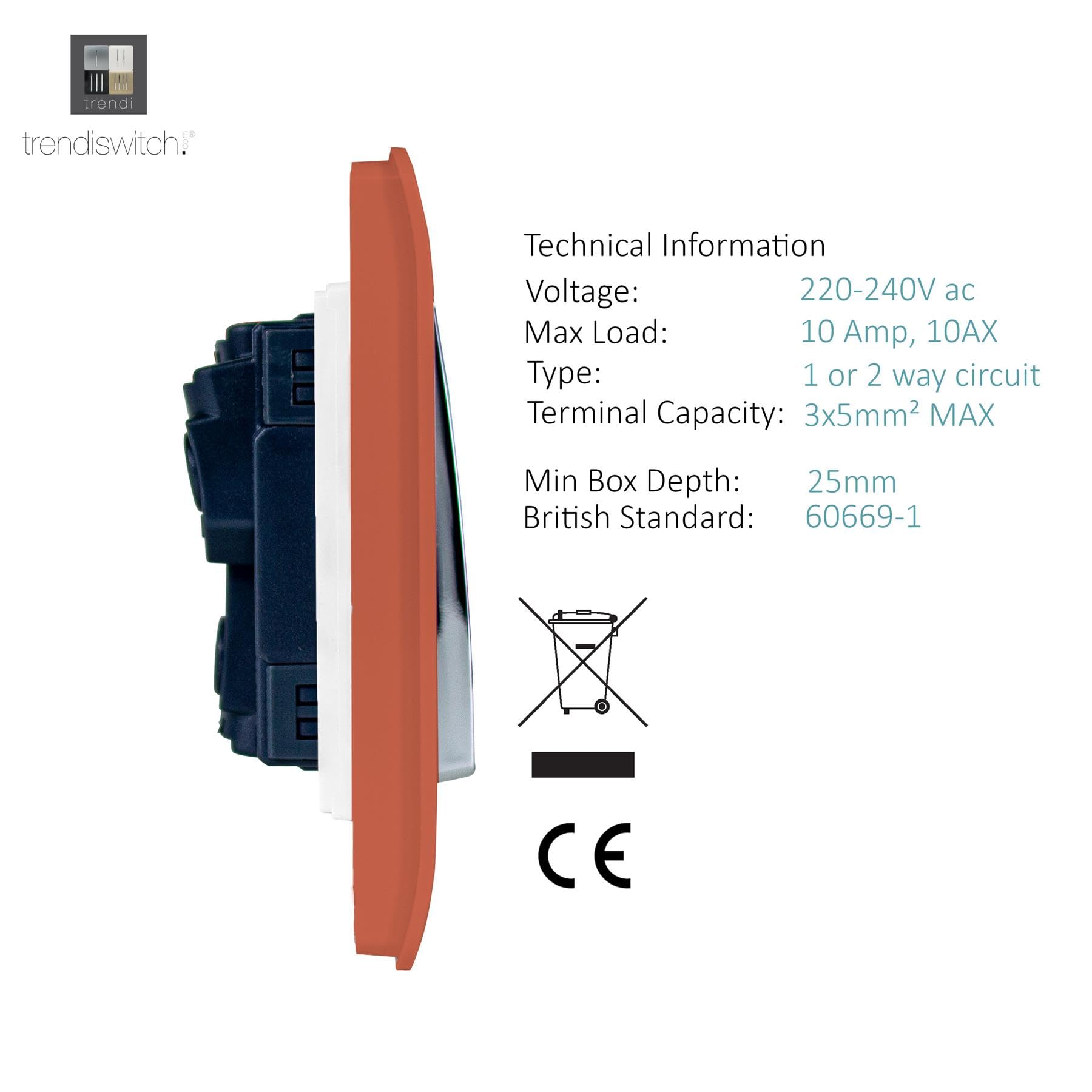 Trendi Modern 1 Gang 1 or 2 Way Screwless Rocker Light Switch in Copper (Pack of 5) - Image 3
