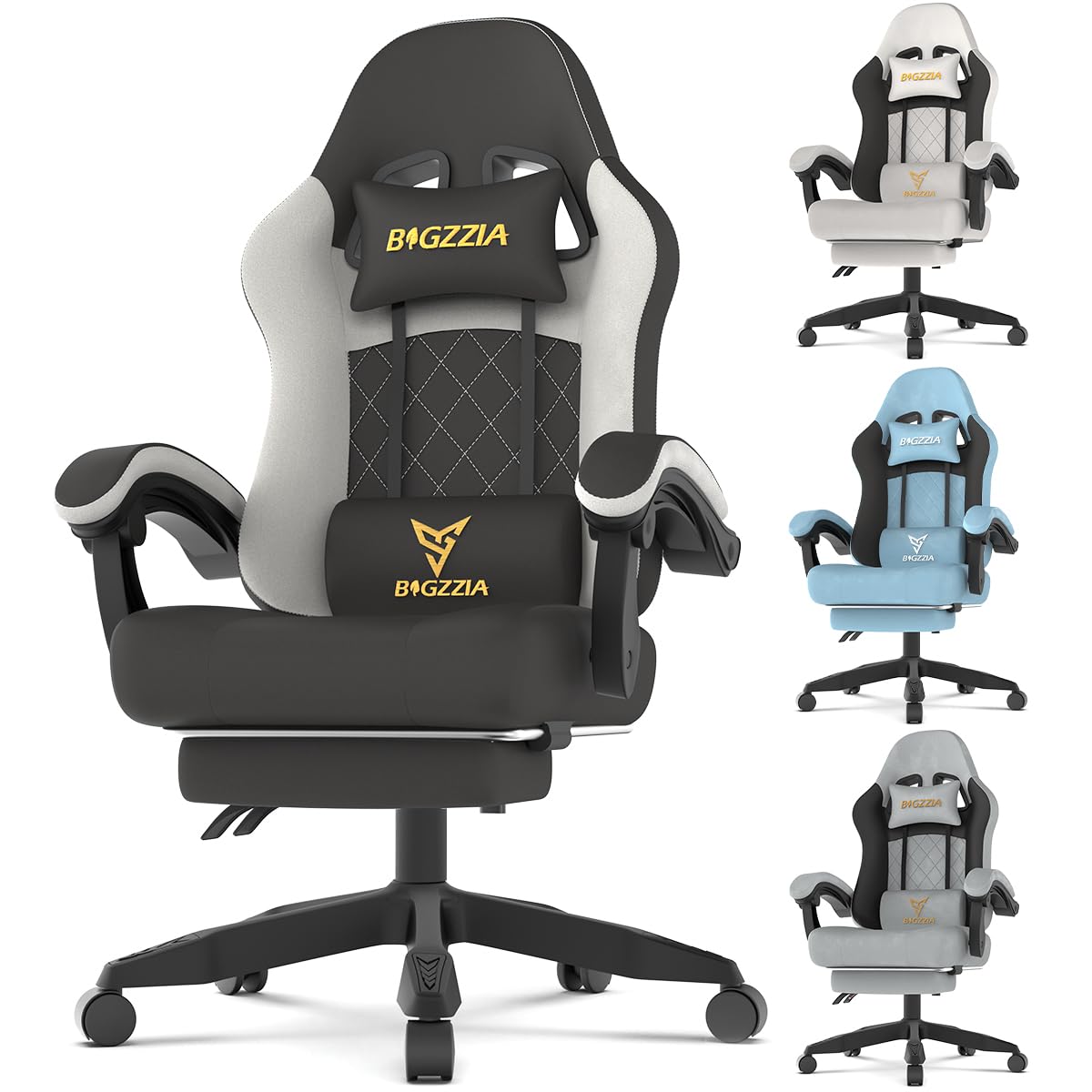 Bigzzia Fabric Gaming Chair with Footrest Reclining Range 90ยฐ-155ยฐ