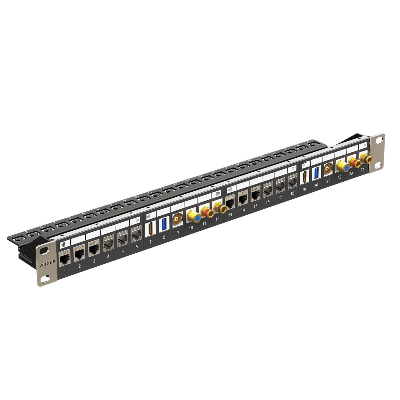 FGB 1U Patchpanel 24 Port für Keystone Module, patchpanel 19 Zoll, Rackeinbau oder Wandmontage Patchfeld mit Rückleiste, Kompatibel CAT5 CAT6 CAT7 CAT8 Netzwerk Verlegekabel