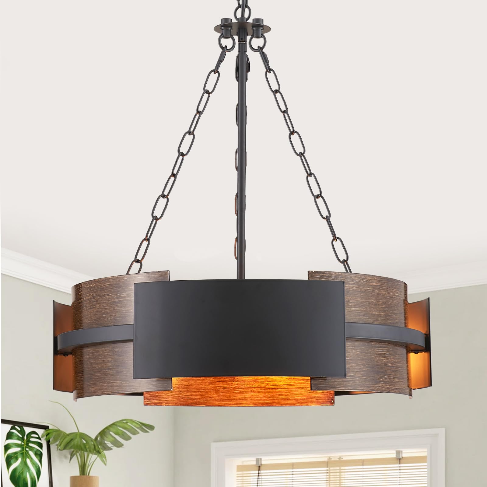 Photo 1 of Avzkcy Farmhouse Drum Chandelier D20-Inch Height Adjustable Pendant Lighting Fixture 4-Light Ceiling Light for Dining Room Kitchen Island Living Room Office Black and Walnut Grain Finish
