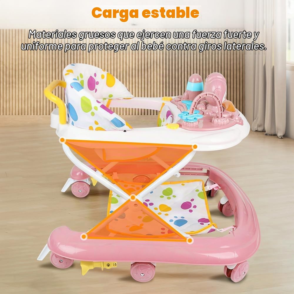 5 en 1 Andador Bebé con 5 Alturas Ajustables, Andador Bebe Plegable con Bandeja de Actividades Musical Desmontable, De 6 a 18 meses, hasta 12 kg (5 en 1,62 x 68 x 36-81 cm, rosa)