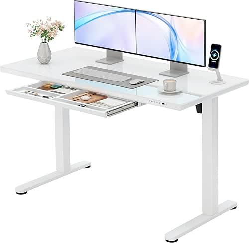 Furmax Glass Standing Desk with Drawers, Electric Adjustable Home Office