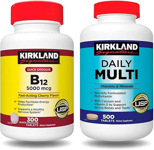 Kirkland Signature - Daily Multi 500 tabletas + vitamina B12 5000mcg de acción rápida, sabor a cereza 300 tabletas (paquete de 2 unidades en total)