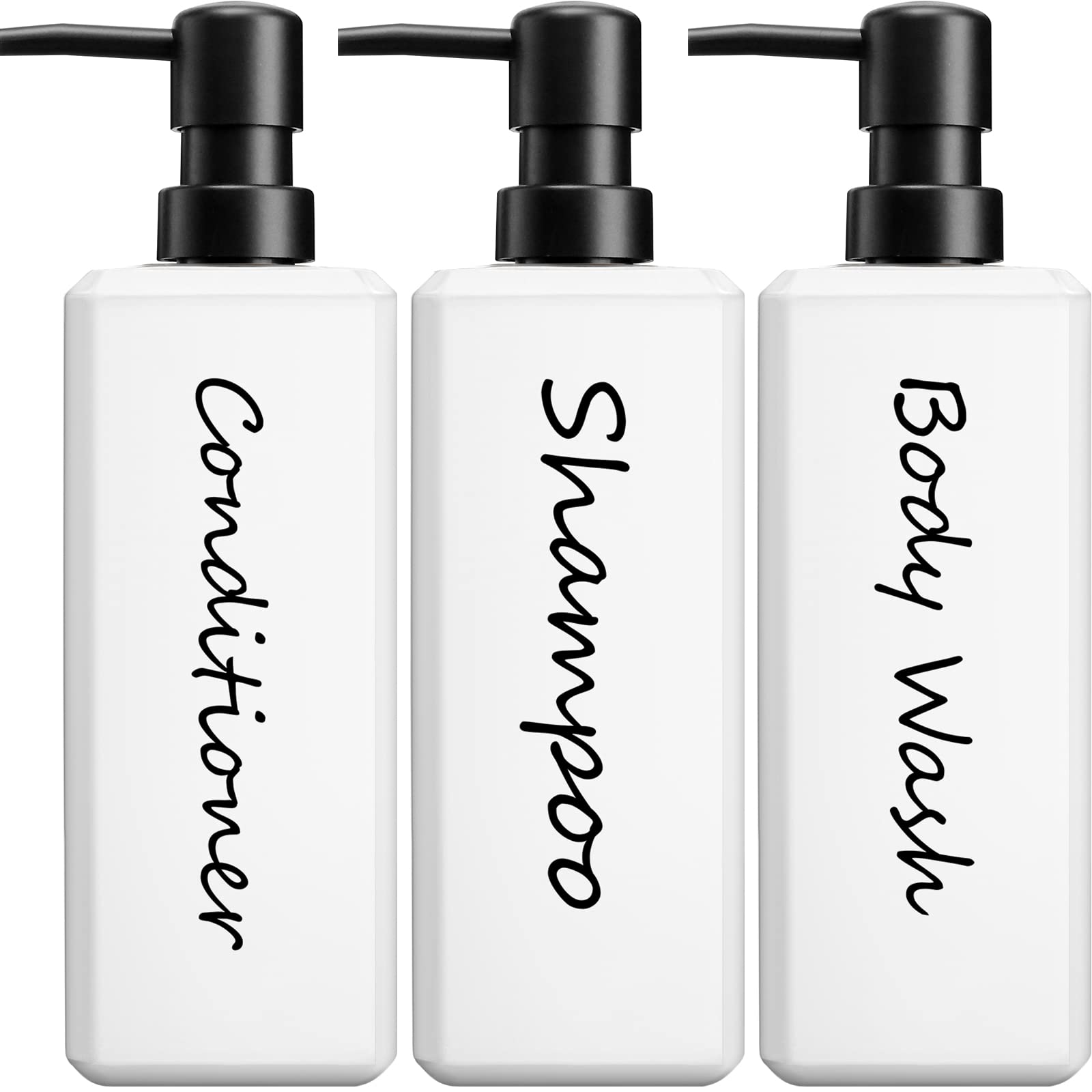 GMISUN Shampoo and Conditioner Bottles, 17 Fl oz / 500ml Square Pump Bottle dispenser, Refillable Shower Gel Dispenser, Bathroom Plastic White Shower Soap Dispensers, Modern Shampoo Bottles 3 Pack