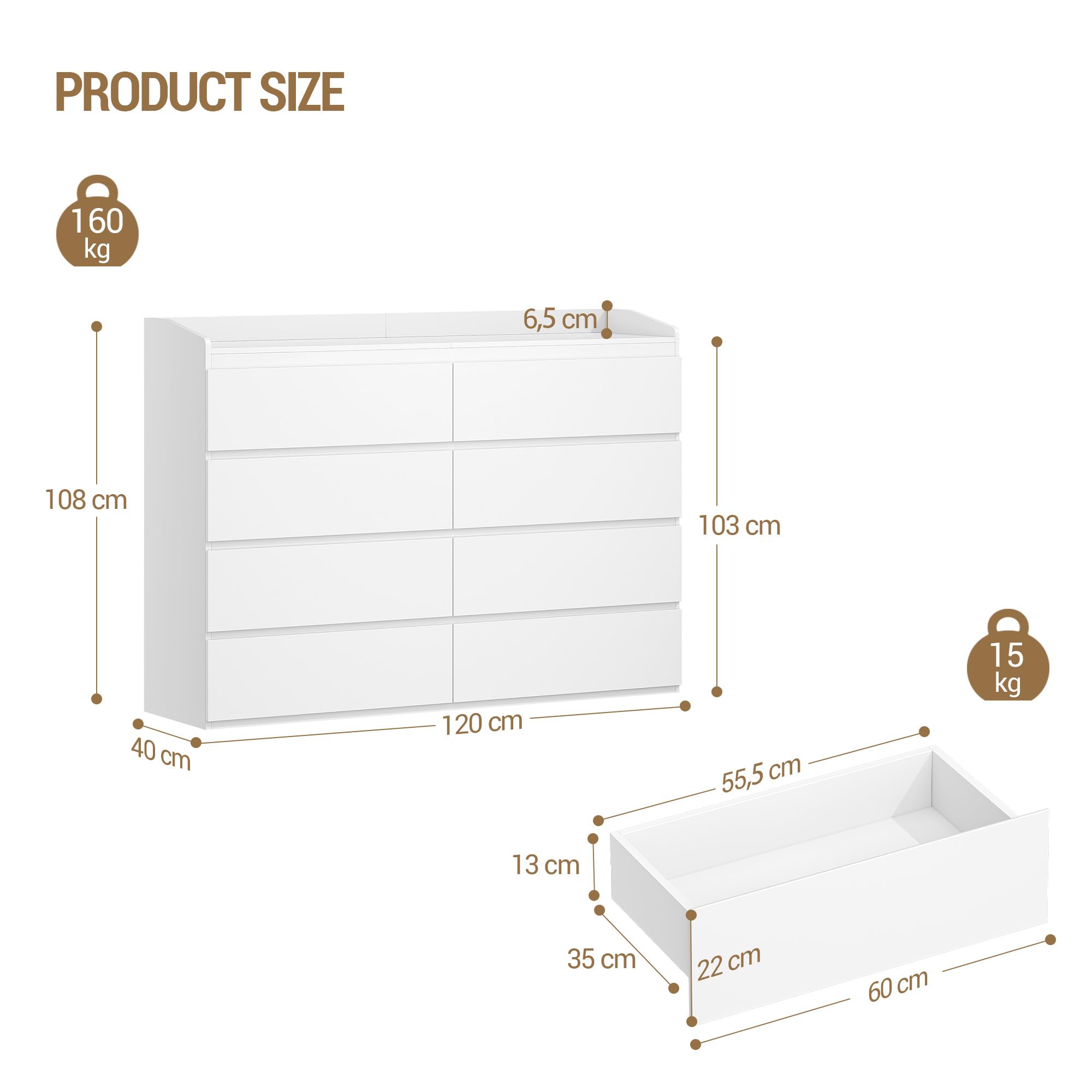 Hzuaneri Cassettiera, 8 cassetti, Mobile Laterale con Piano di Lavoro, Armadietto con Corrimano Superiore, Mobile Ingresso, Stile Moderno, Adatto per Soggiorno, Camera da Letto, Bianco DC32903X