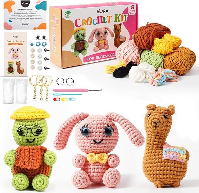 Image of A-URA 3-in-1 Learn to Crochet Kit for Beginners Kids and Adults, Premium Pattern Sunflower, Panda Cactus, Hanging Pot Plant Beginner Crochet Kits with Easy Tube Yarn (3, Animal Pattern)