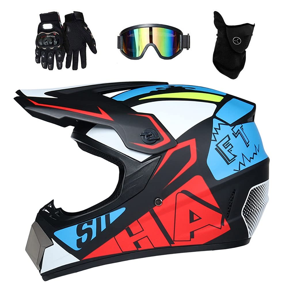 Gioventù Bambini Casco da Motocross, con Occhiali Guanti Maschera, Doppio Sport Integrale Fuori Strada Moto Incidente Casco, Discesa BMX MTB ATV Enduro Corse Quad Bici da Cross Casco