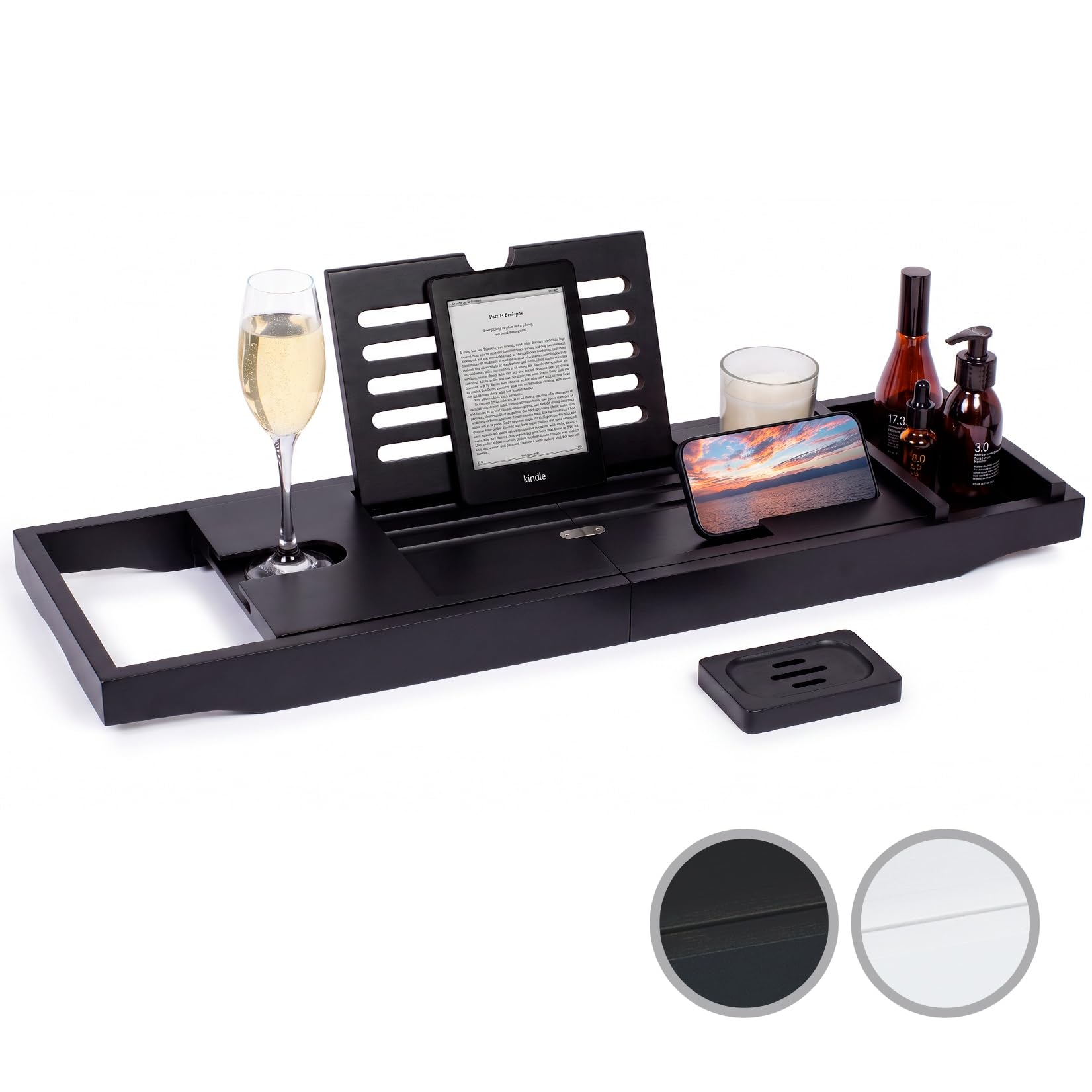 Woodluv Foldable & Extendable Wooden Bath Caddy Tray with Book & Tablet Stand, Wine Glass Holder, Phone & Toiletry Storage, Adjustable Bathtub Rack, Black