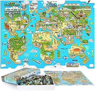 World Map 1000 Piece Jigsaw Puzzles For Adults and Kids Retro Gaming Style 8-bit World Map Jigsaw Puzzle Geography Gifts 100% Recycled Cardboard Jigsaws 1000 Pieces for Adults and Children by bopster
