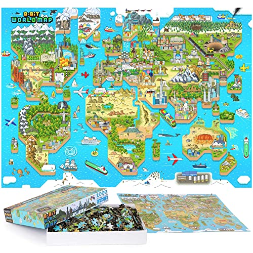 Puzzle 1000 Pieces/Puzzle Adulte - Puzzle Carte du Monde Enfant et Adulte dans Un Style Rétro 8 Bits - Fabriqué avec du Carton 100% Recyclé par bopster