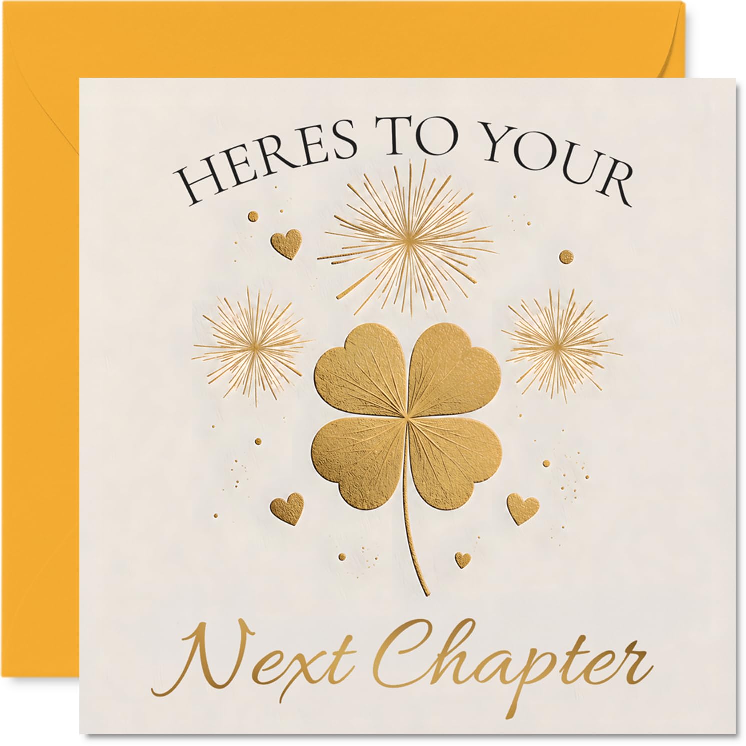 Inspirational Good Luck Card - Cheers to New Adventures - Gold Clover and Fireworks Design - A Joyful Way to Send Luck for Fresh Starts - 145mm Square, Envelope Included