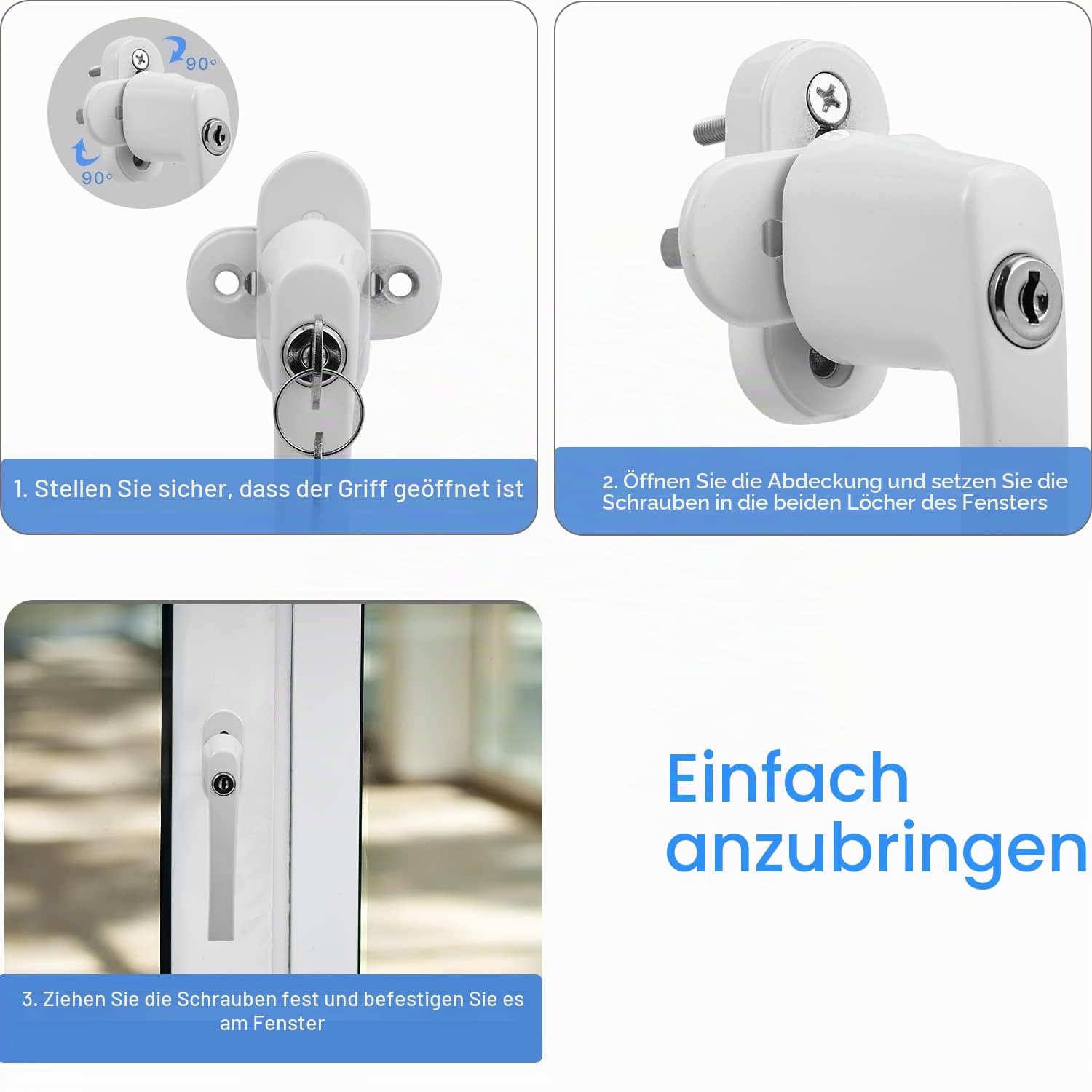 Randaco 8 Set Fenstergriff Aluminium, kindersicherung mit Schloss in Stiftlänge 35mm, abschließbar Sicherheitsfenstergriff, Fensterschloss gleichschließend mit Key, Fenstergriff Weiß