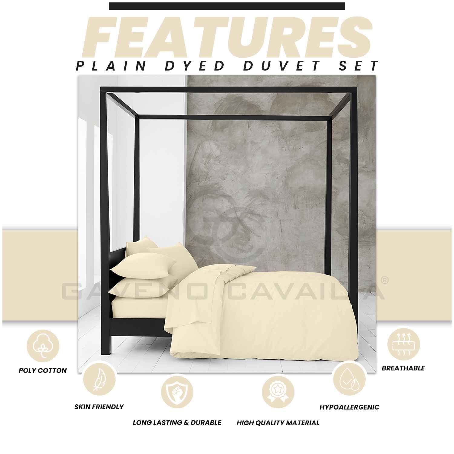 GC GAVENO CAVAILIA Plain Bedding Set, Cream, Double - Image 2