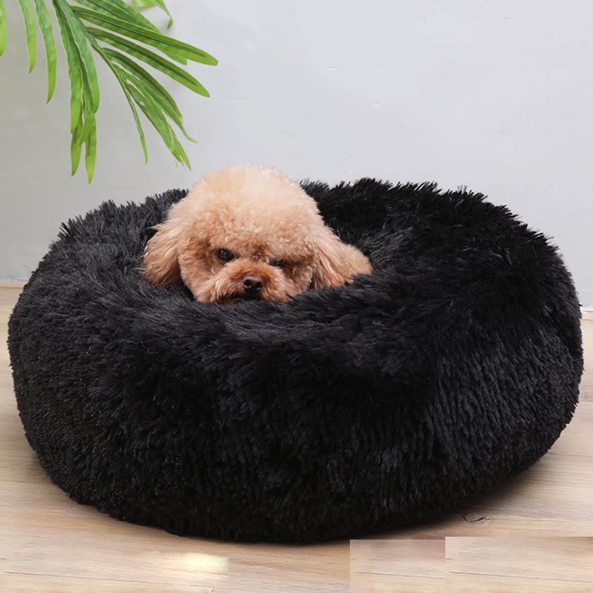 Calming Dog Bed & Cat Bed, Anti-Anxiety Donut Warming Cozy Soft Dog Round Bed, Fluffy Faux Plush Dog Cat Cushion Bed for large Small Medium Dogs and Cats diameter24in
