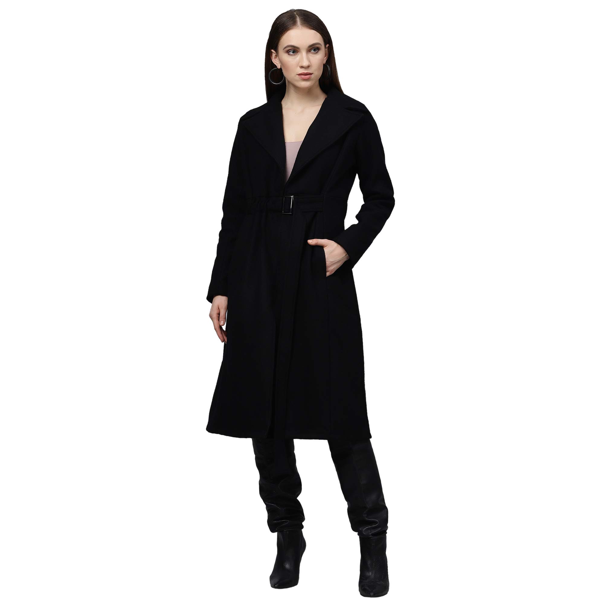 poshbery Black Coat with Front Buckle and Gathered Belt-picture-27