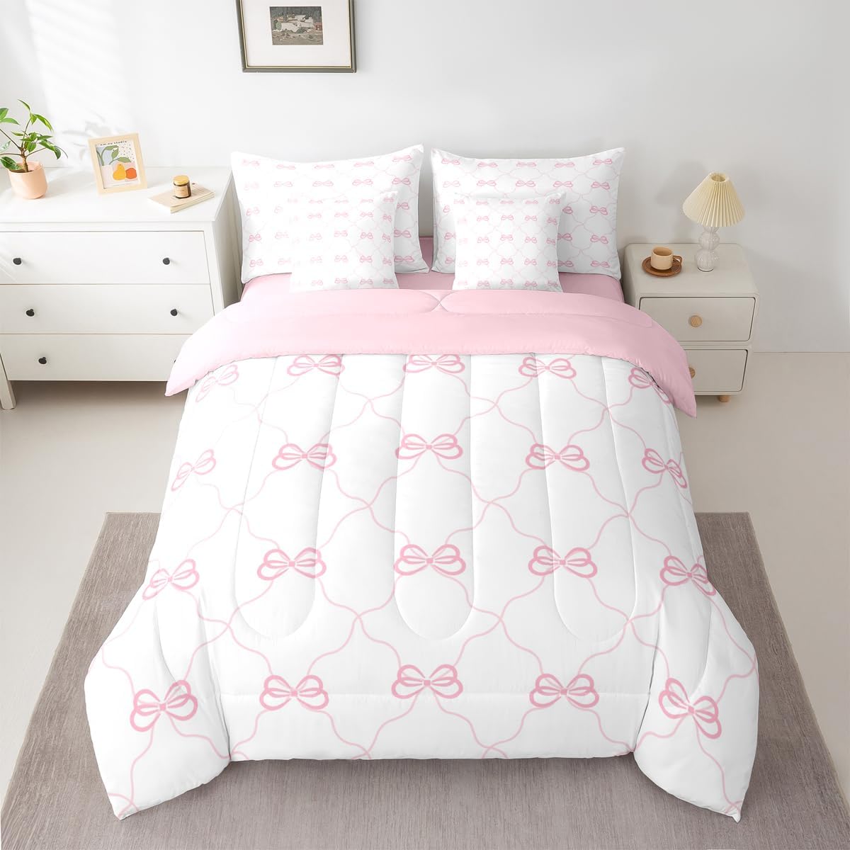 Pink Bow Twin Comforter Set with Sheets for Kids Boys Girls Bows and Stripes 7 Pieces Bedding Set Bowknot Bed in a Bag Kawaii Room Decor Soft Lightweight Microfiber