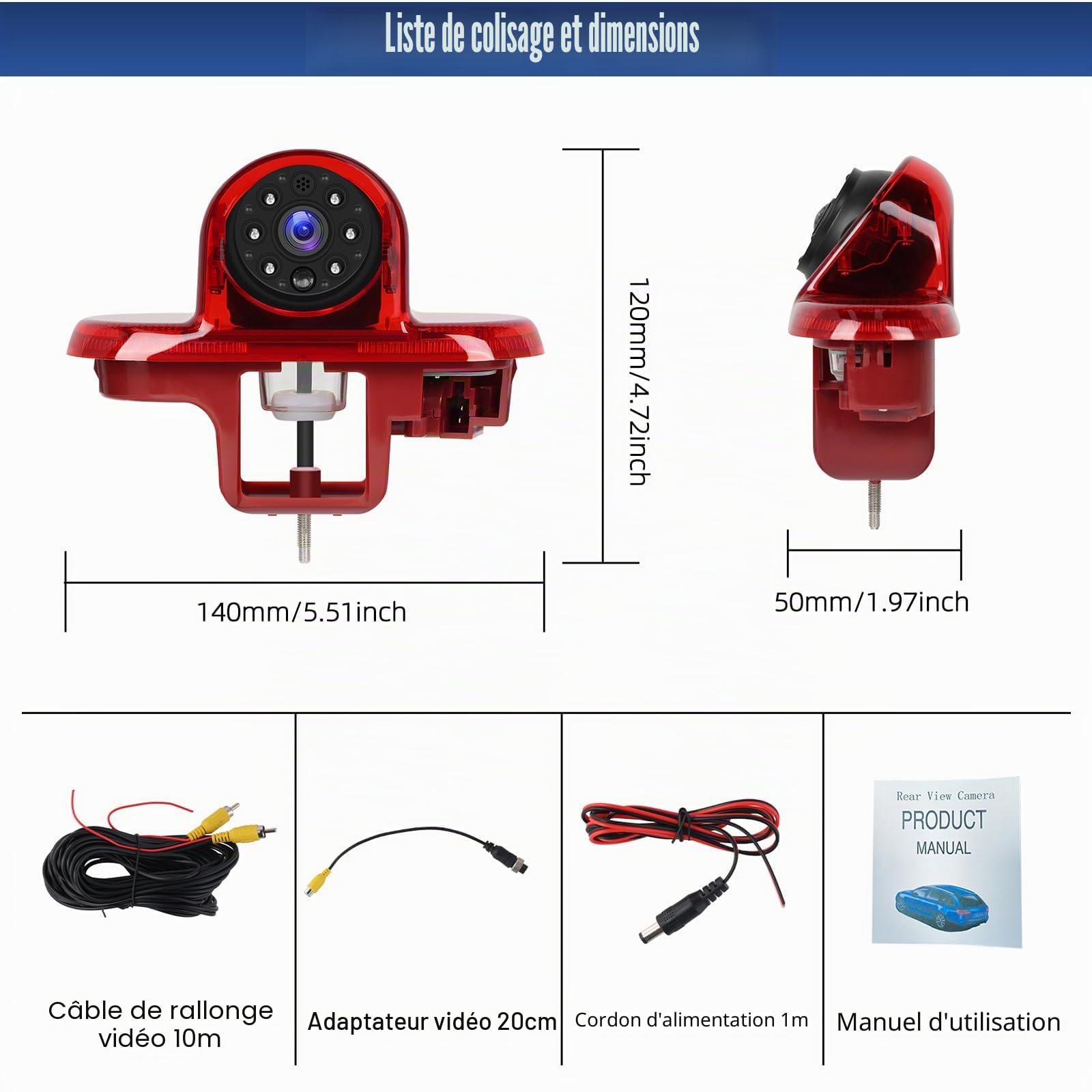 CAMECHO Caméra de Recul HD Vision Nocturne Caméra étanche IP67 pour Renault Combo 2001-2011 Renault Trafic & Vauxhall Vivaro 2001-2014, Feu Stop Caméra avec Grand Angle 140°, 12V