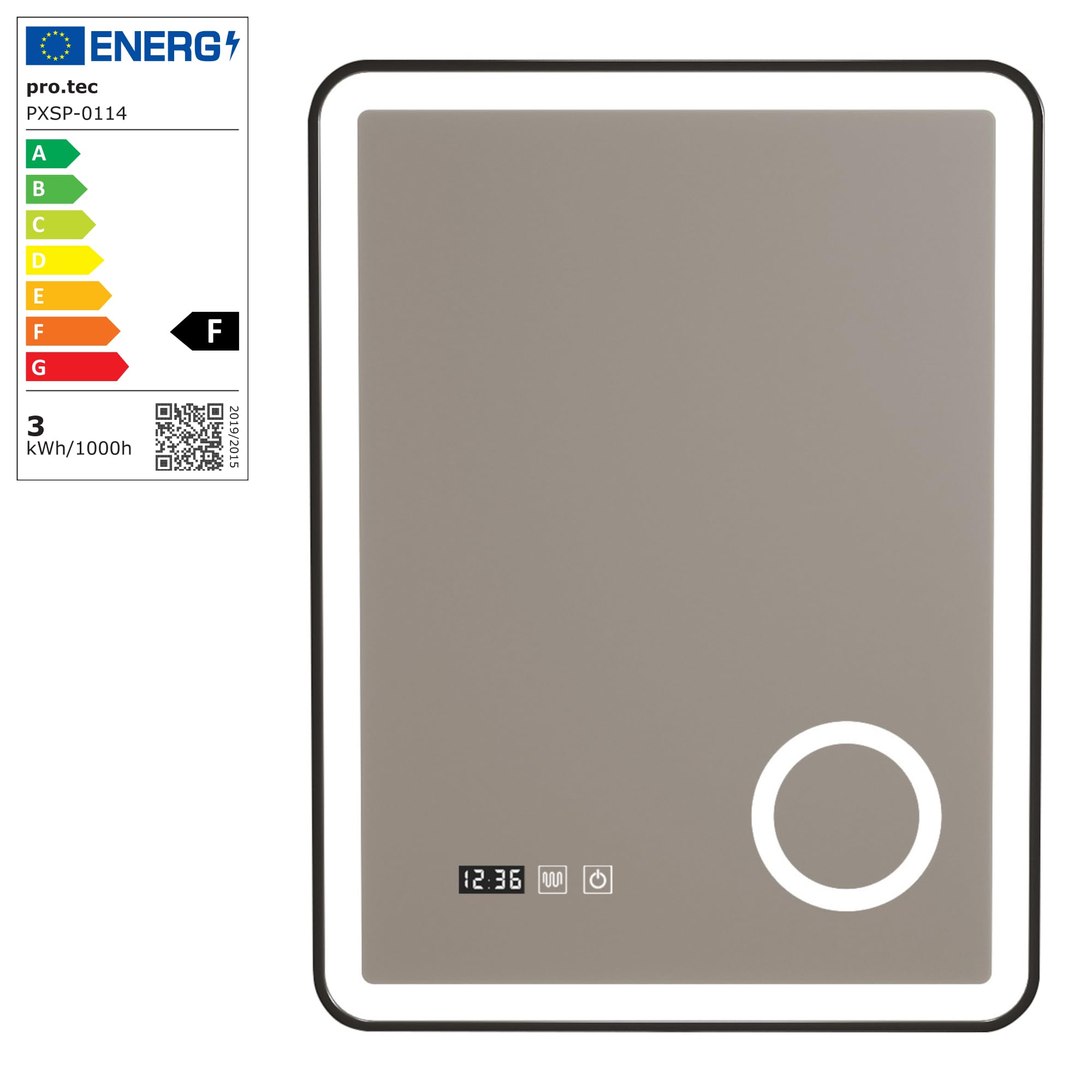 pro.tec Specchio LED da Parete Specchio Rettangolare da Bagno Antiappanamento Lente Ingranditore Orologio Luce Bianca Regolabile con Sensore Tattile 60 x 80 cm Cornice Nera