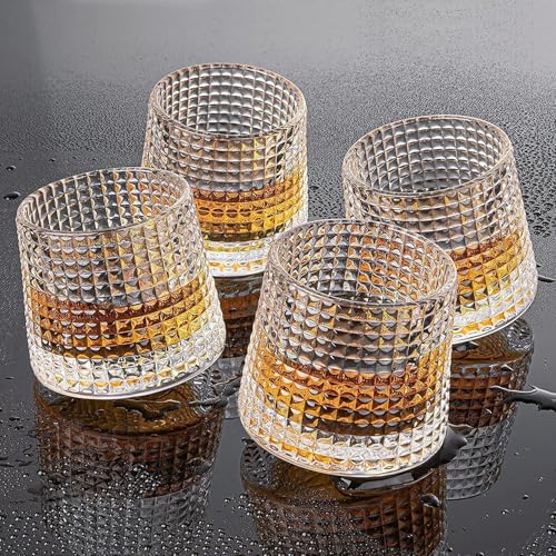 Image of Spinning Whiskey Glass with Hemispherical Base - Set of 4, 170ml Elegant Crystal Barware Gift (4, Rotating Dot)