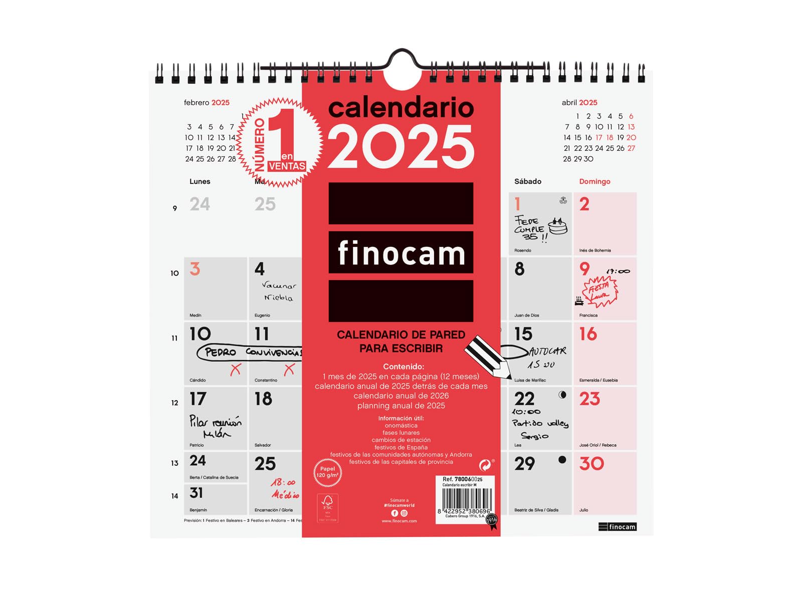Finocam - Neutral Wall Calendar to Write 2025 Month View January 2025 - December 2025 (12 months) Spanish