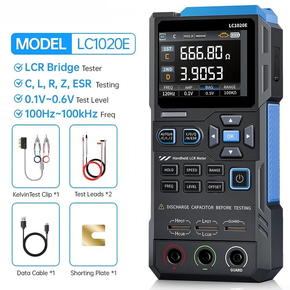 Digitales LCR-Meter, tragbarer Brücken-LCR-ESR-Tester mit 100 Hz/120 Hz/1 kHz/10 kHz/100 kHz Prüffrequenzen zur Messung von Kapazität, Induktivität und elektronischen Bauteilen