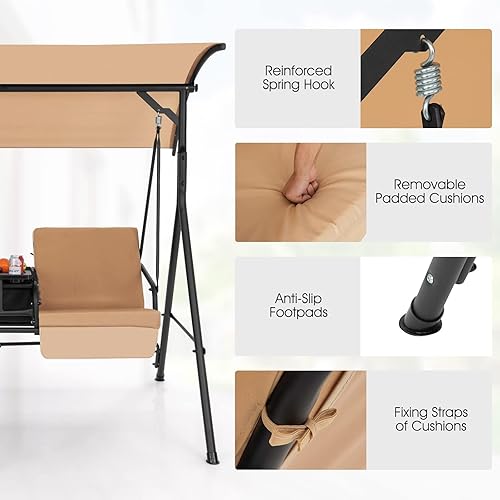 Miniatura 7 de Happygrill Columpio de porche para 2 personas con toldo, columpio de patio al aire libre con bandeja central y bolsa de refrigeración de 6 galones,