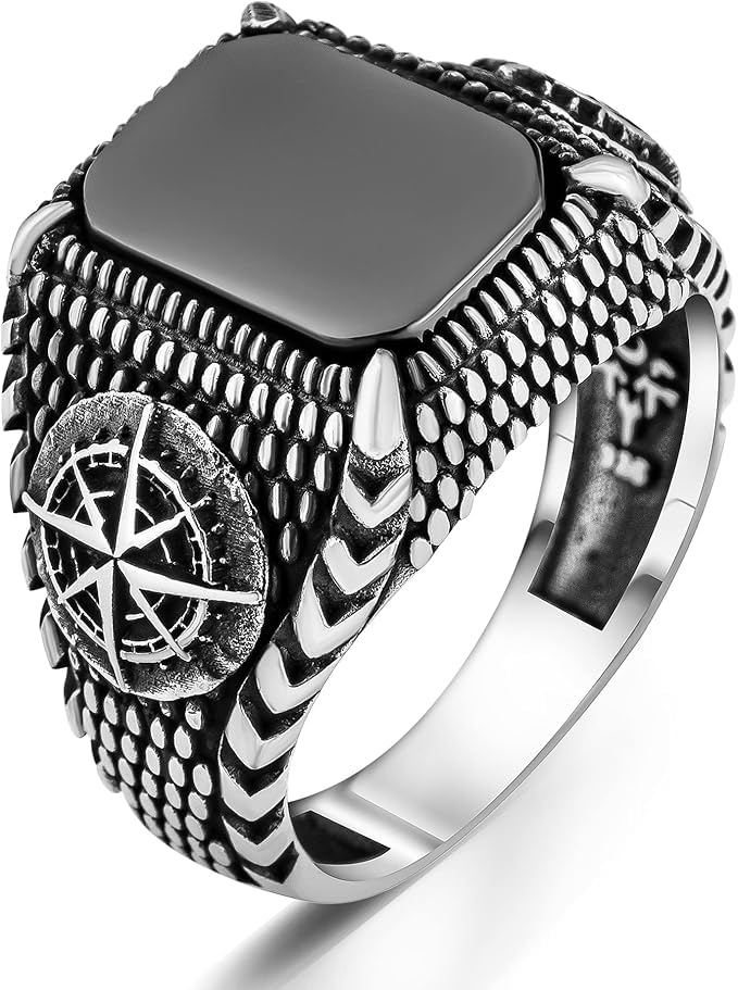 Anello da uomo gotico in argento sterling 925 con pietra di onice nera con motivo a bussola, Pietra, onice