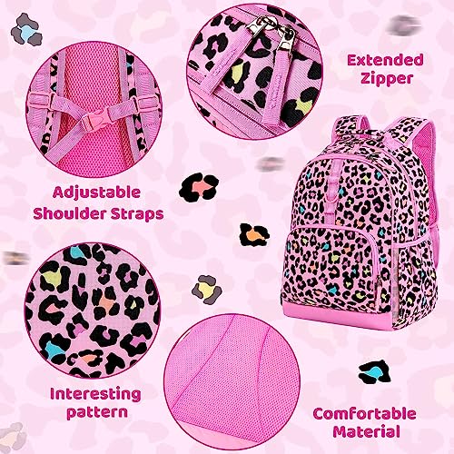 Choco Mocha Cheetah Backpack For Girls Backpack Elementary School Backpack For Kids Backpacks For Girls 17 Inch Backpack For Girls 2Nd 3Rd Grade Leopard Bookbag School Bag 6-8 With Chest Strap Pink #TOP3
