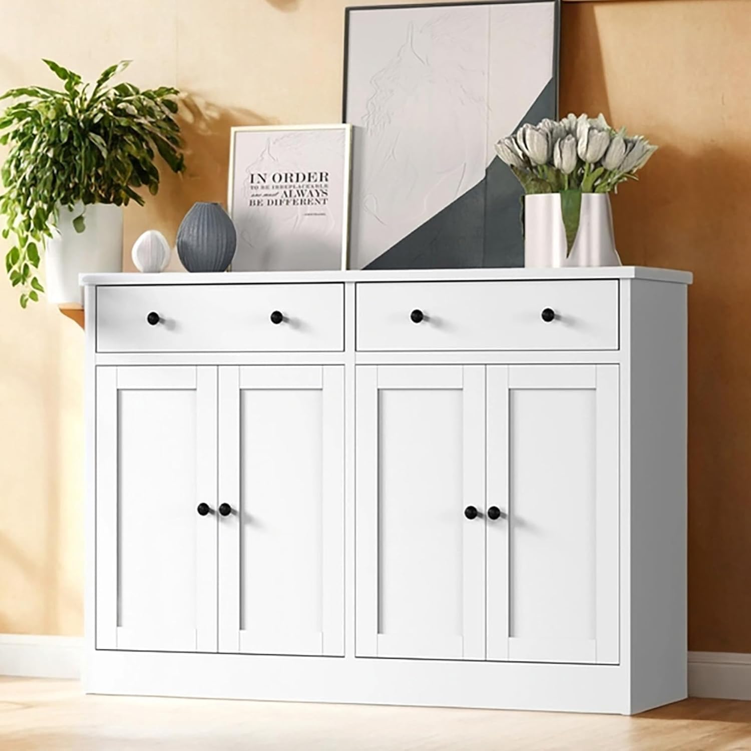 Multipurpose Storage Cabinet with Drawer & Doorway Storage for Living Room, Dining Room, Kitchen, and Office-(Wood & Frosty White)-(Frosty White).-image-19