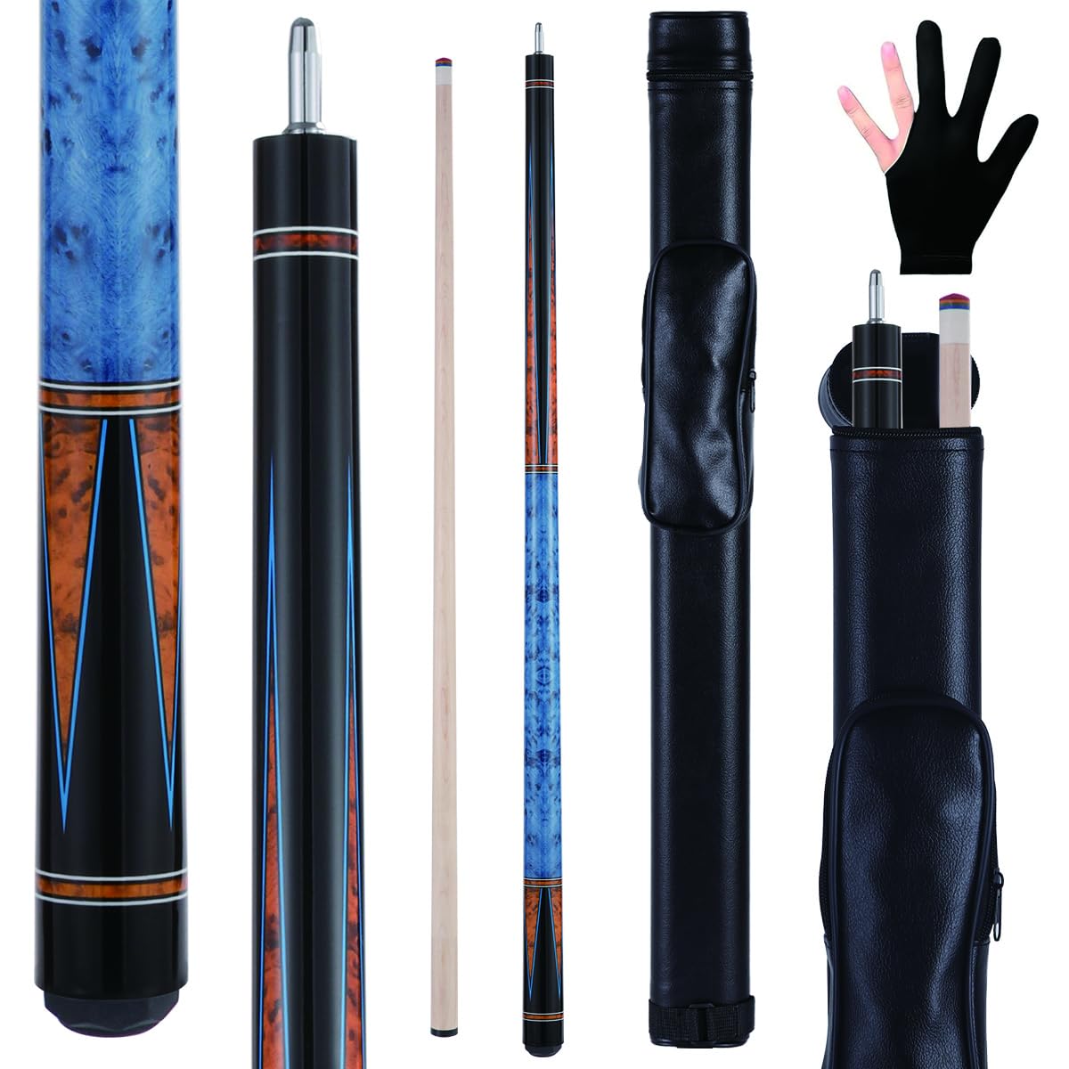 Bili Biliard Canadian Maple Pool Cue Sticks (10mm/11.5mm/13mm), 58" 2-Piece Pool Sticks with Low Deflection Shaft,Billiard Sticks for Home, Bar, and Tournament Play (Blue 13mm with case)