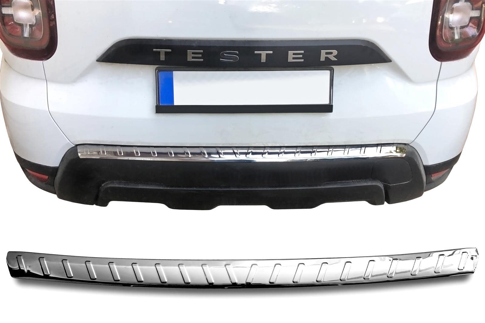 RECAMBO Ladekantenschutz Edelstahl kompatibel für Dacia Duster II | ab 2018 - Hochglanz poliert, Chrom Look - Styling und Schutz für die Stoßstange