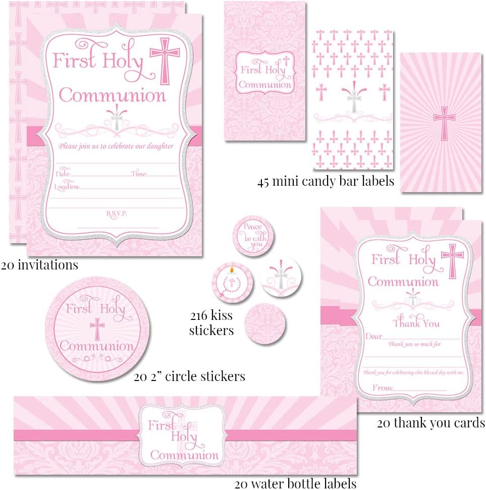 Amanda Creation Deluxe First Holy Communion Party for Girls Bundle Includes 20 Invitations & Thank You Cards & Envelopes + 2 Sizes of Stickers, & Water Bottle Labels!