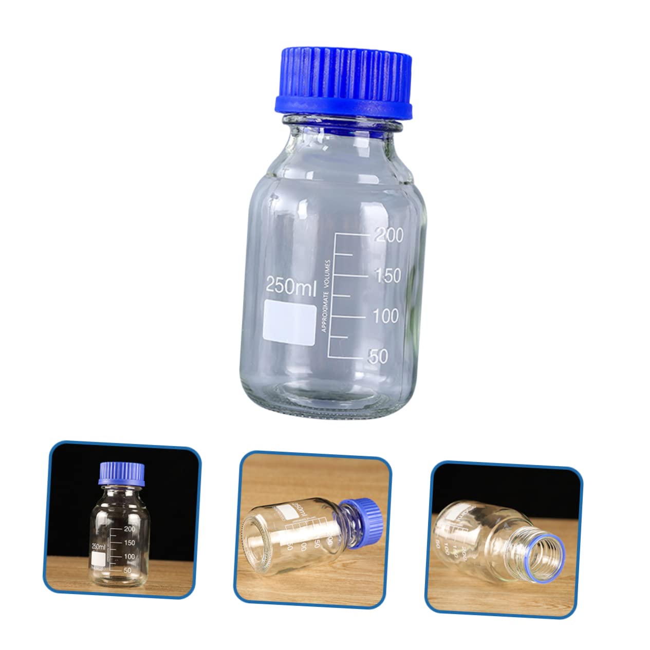 CHILDWEET Bottiglia di Reagente in Vetro 250ml 3 Pezzi, Flacone | Tappo Blu a Bocca Larga, Filettatura Sigillata, per Campionamento Chimico e Classificazione Imballaggi