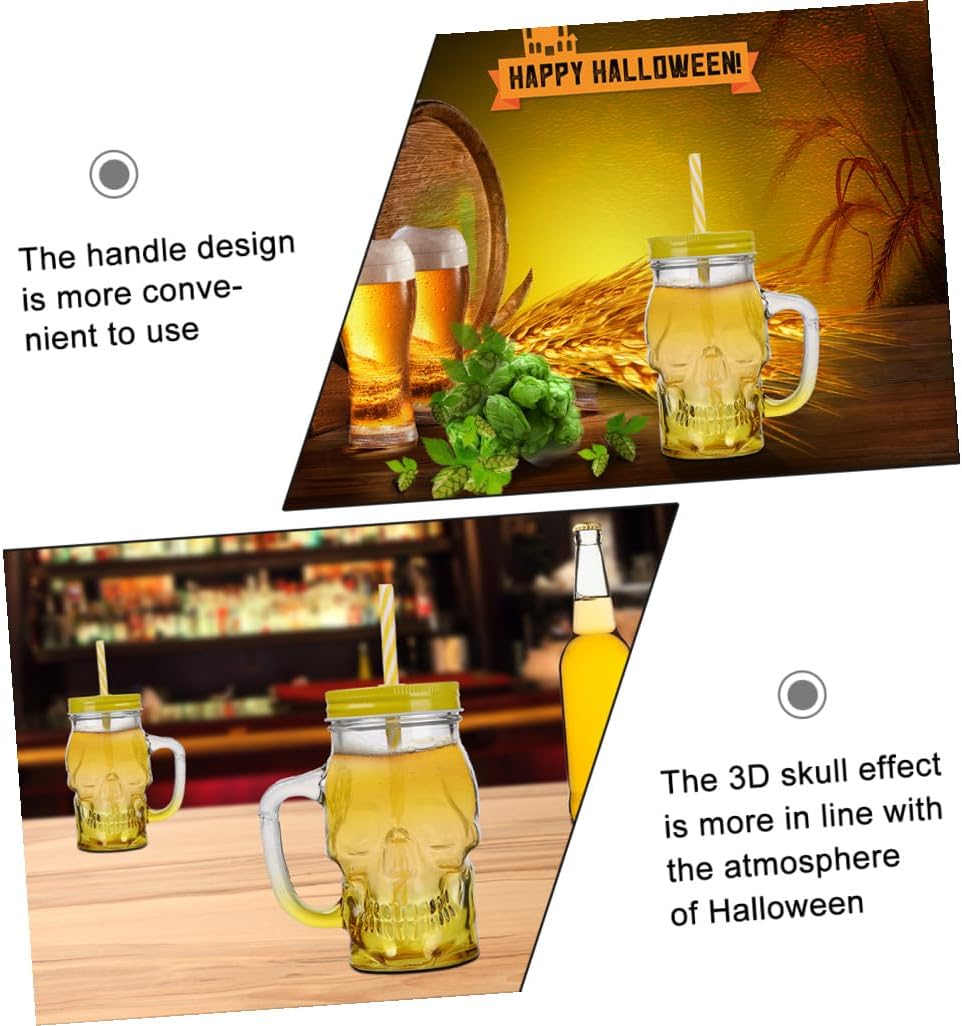 NUOBESTY 2pcs Halloween Skull Glasses 500ml Gradient Color Beer and Wine Cups with Handle Lid and Straw Set for Party Drinkware Random Color