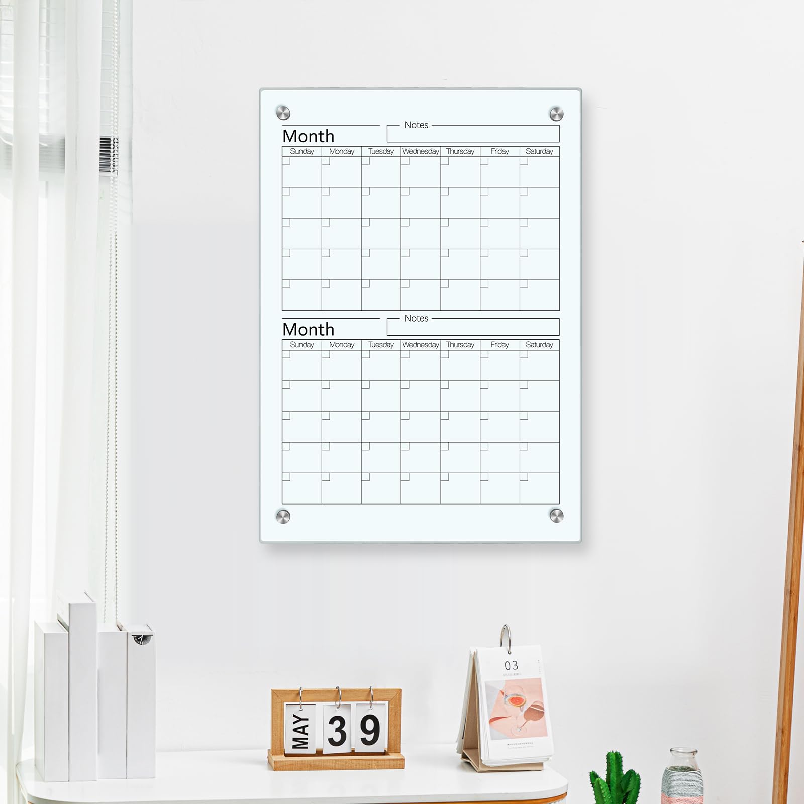 Lavagna bianca in vetro con calendario, 61 x 45,7 cm, 2 mesi, cancellabile a secco, grande, da parete, con vassoio per pennarelli, per casa, ufficio