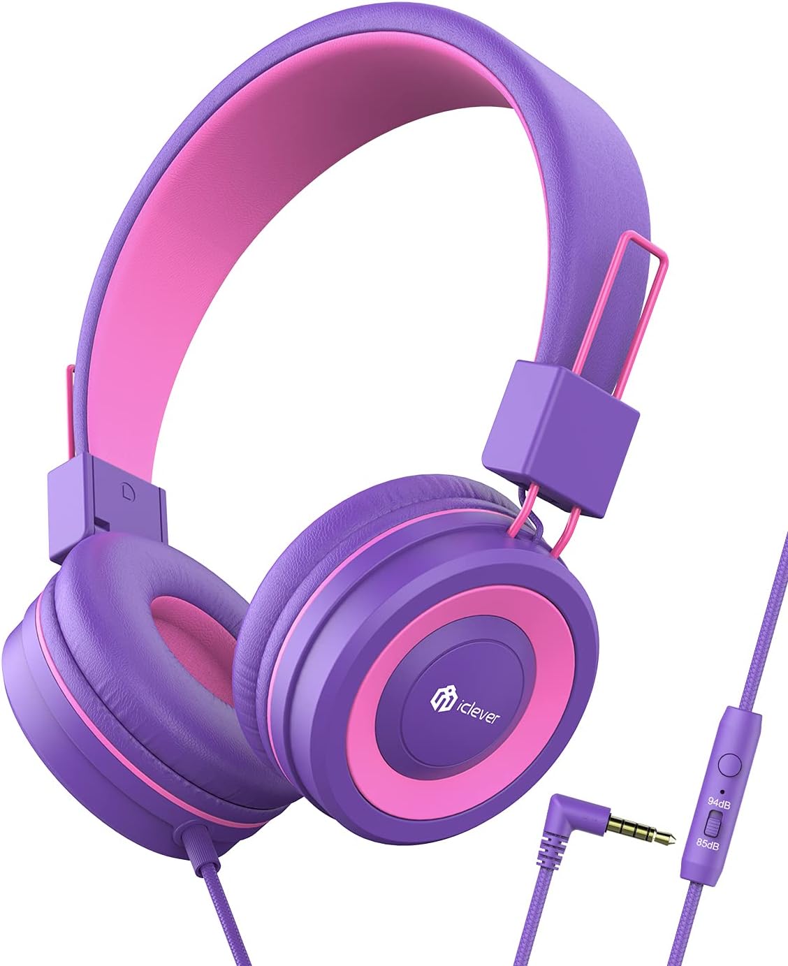 iClever Kids Headphones with Microphone for Girls - 85/94dB Volume Control - Wired Headphones for Kids, Adjustable Headband, Foldable - Childrens Headphones for School/iPad/Tablet/Airplane, Rose