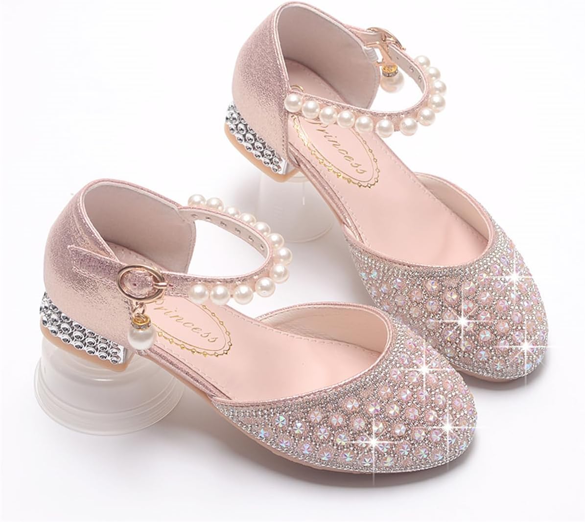 Girls Dress Shoes Mary Jane Sparkly Ballet Flats for Kids Pearl Chain Princess Shoes for Dress-Up Party 5533