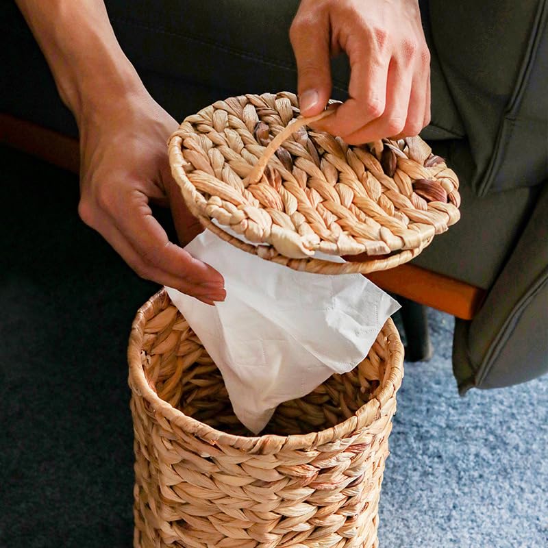 Poubelle En Osier Tressé Avec Doublure Plastique - Style Panier Rond, Pour Salle De Bain, Chambre, Bureau - Design Déco