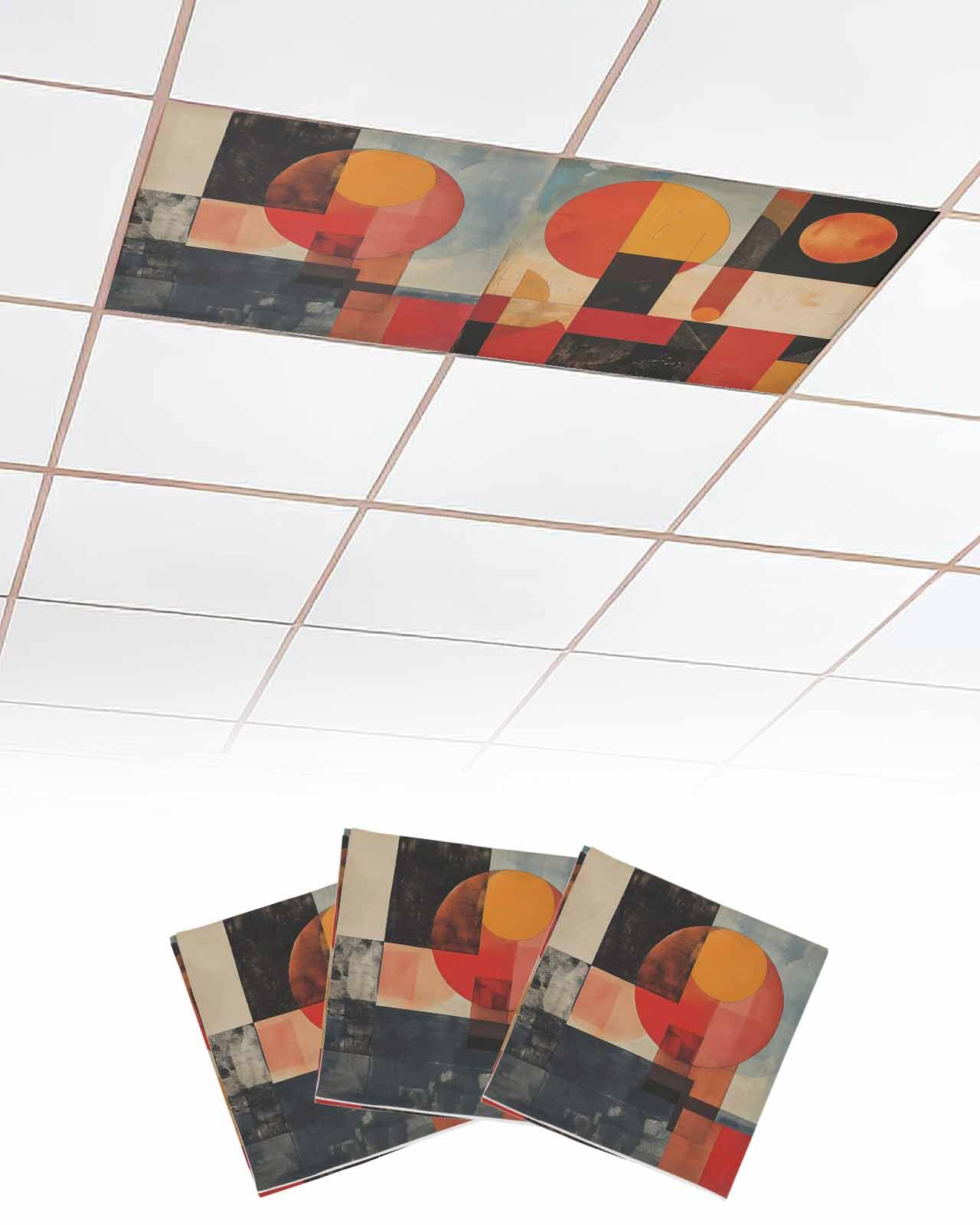 Abstract 3 Pcs Fluorescent Light Covers for Ceiling Lights, Oil Painting Retro Geometric Orange Circle Magnetic Light Filters for Eliminate Harsh Glare Classroom Office Decoration, 4 x 2 Ft